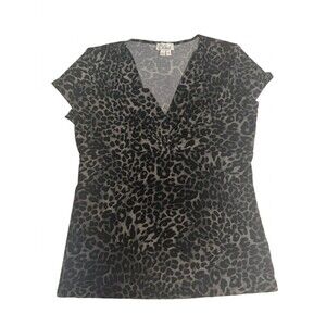 Chaus New York Grey Black Leopard Print Surplice V-Neck Blouse